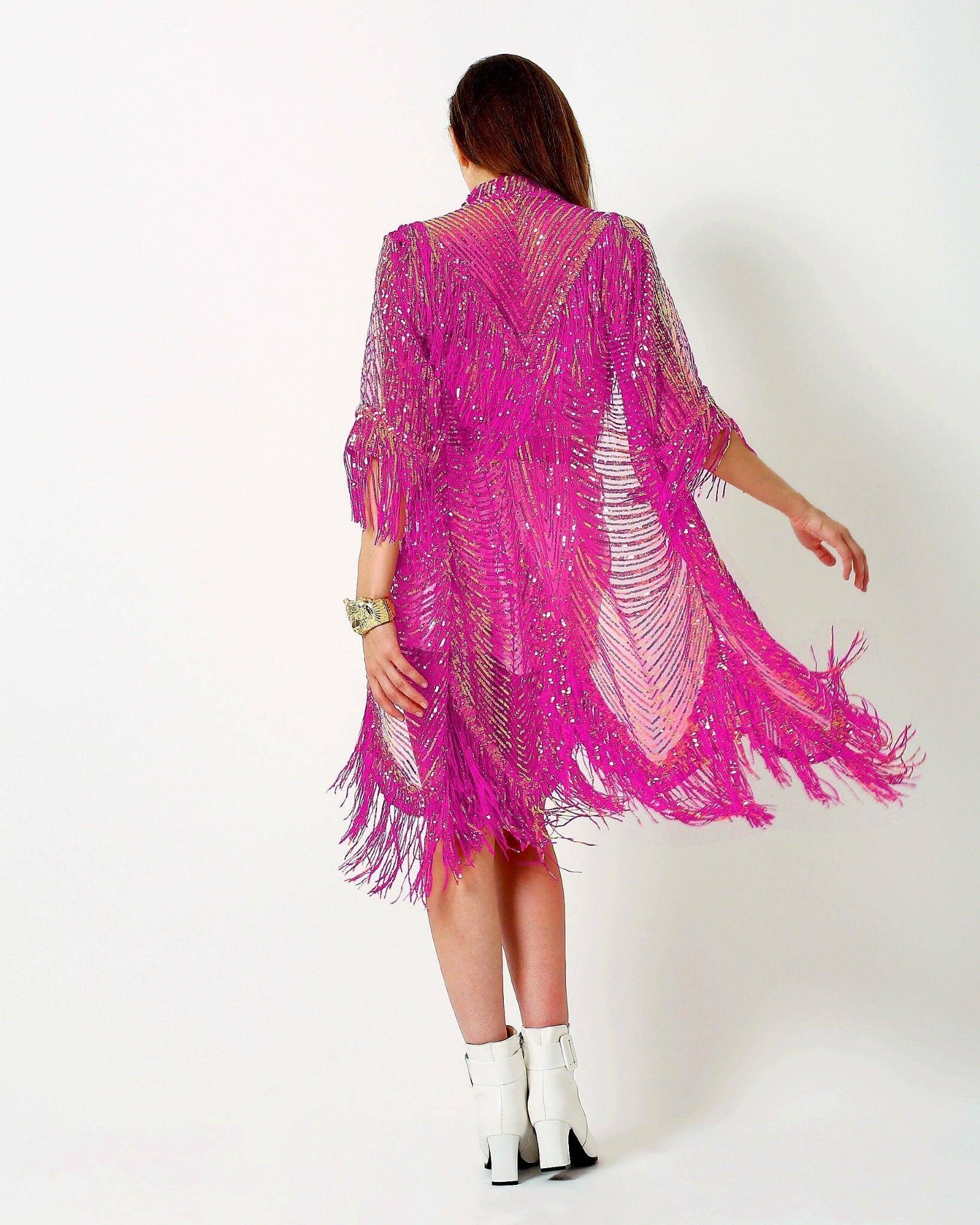 ladies festival dresses Barbie Pink Sequin Kimono - Luxury Kimono - Rave and Festival Robe for Women