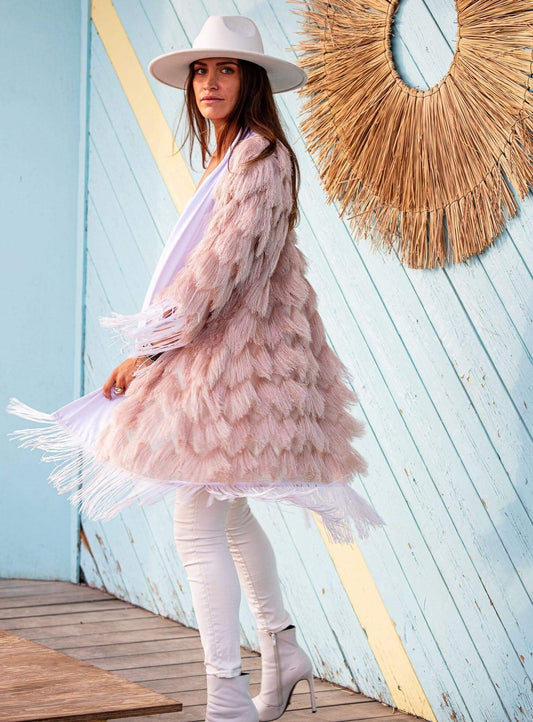 Blush Kimono with White Fringes by Festivo Kimonos. soft blush colour, white fringes and a zigzag design make a playful festival layer.