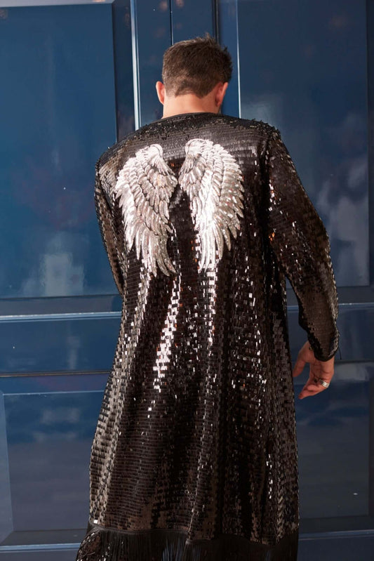 Sequin Kimono for men in black colour decorated with silver angel wings in the back perfect to wear as festival outfit or rave clothing