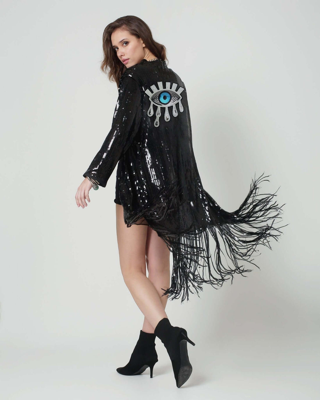 Black Sequin Kimono with Fringes - Sparkly Duster - burning man , Third ...