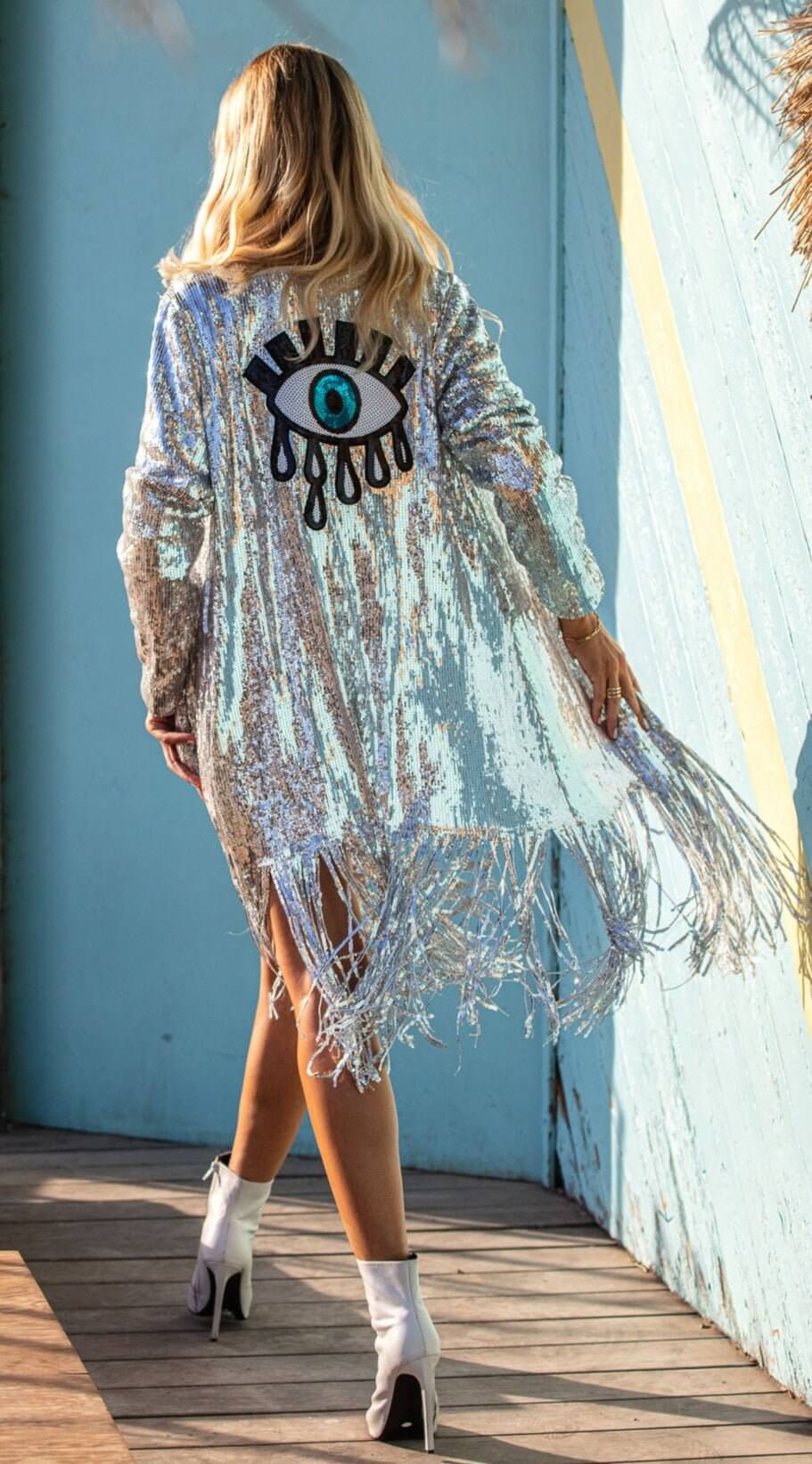 Silver Sequin Kimono with Fringes and Third Eye - Glitter Duster - Burningman Jacket , Third Eye Robe