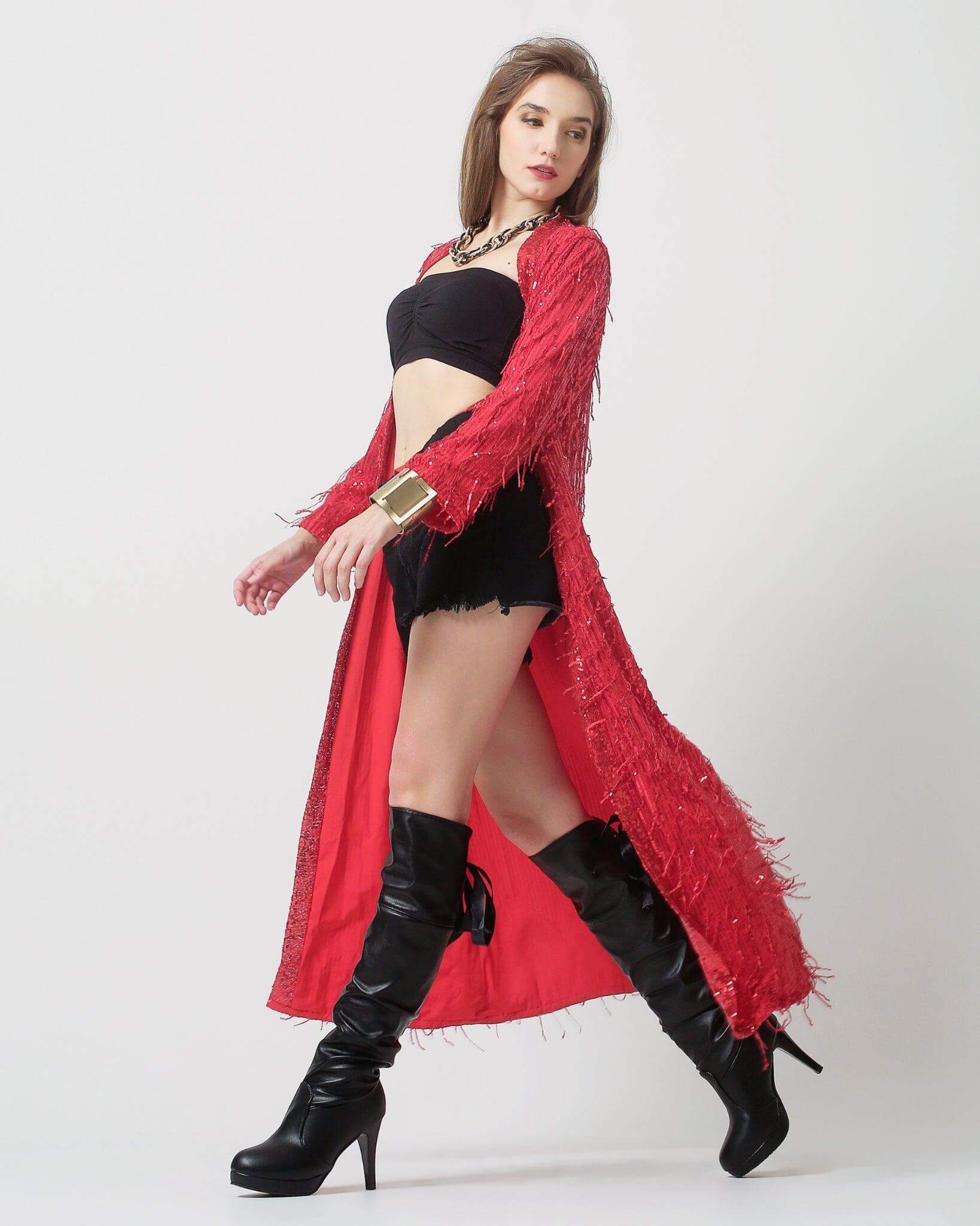 red mother of bride dress Red Sequin Fringe Dance Costume, Textured Spandex Set, Scoop Neck Crop Top and High Waist Shorts, Pole Dance Outfit, Rave Wear