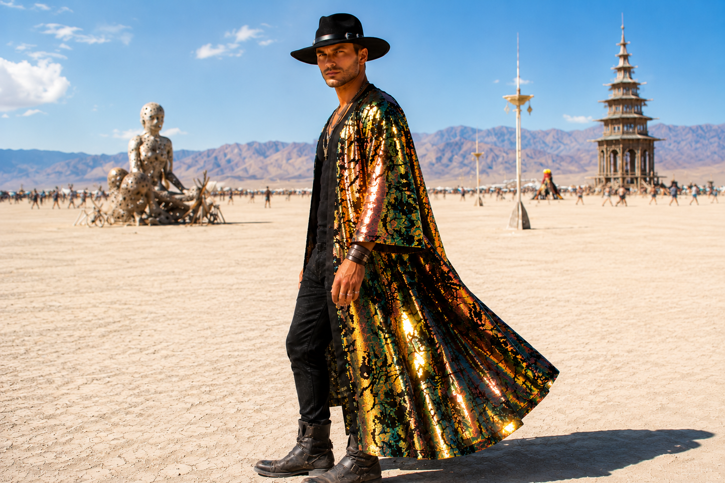 Men’s Iridescent Velvet Sequin Kimono – Burning Man Festival Outfit and Rave Clothing
