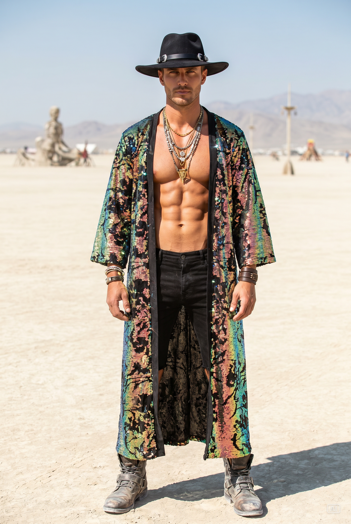 Men’s Iridescent Velvet Sequin Kimono – Burning Man Festival Outfit and Rave Clothing
