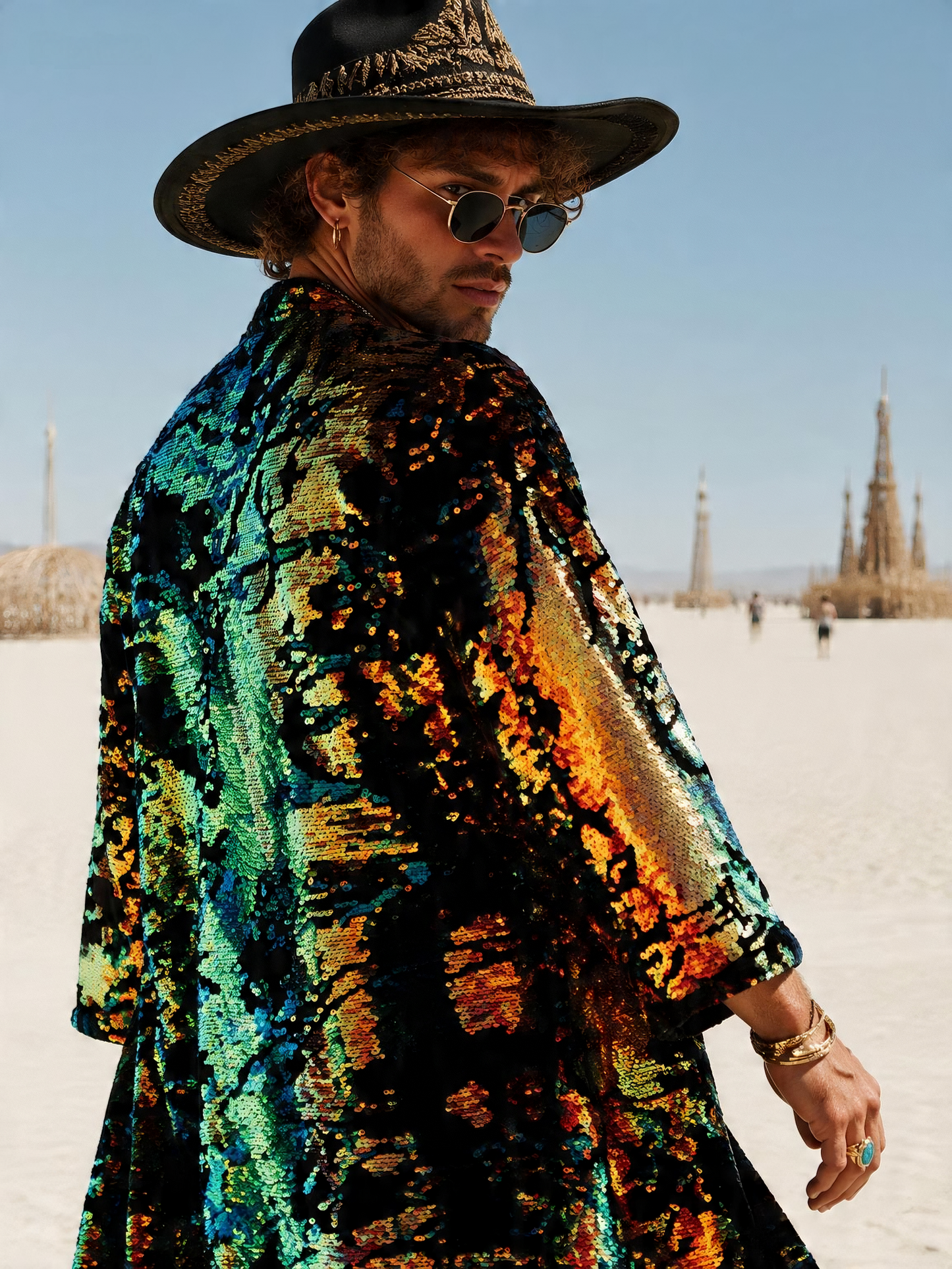 Men’s Iridescent Velvet Sequin Kimono – Burning Man Festival Outfit and Rave Clothing