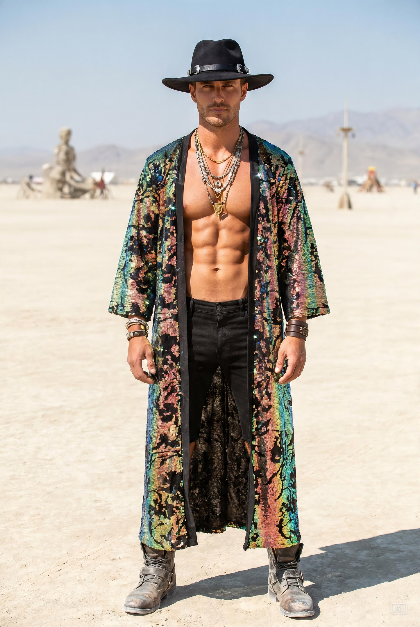 Men’s Iridescent Velvet Sequin Kimono – Burning Man Festival Outfit and Rave Clothing