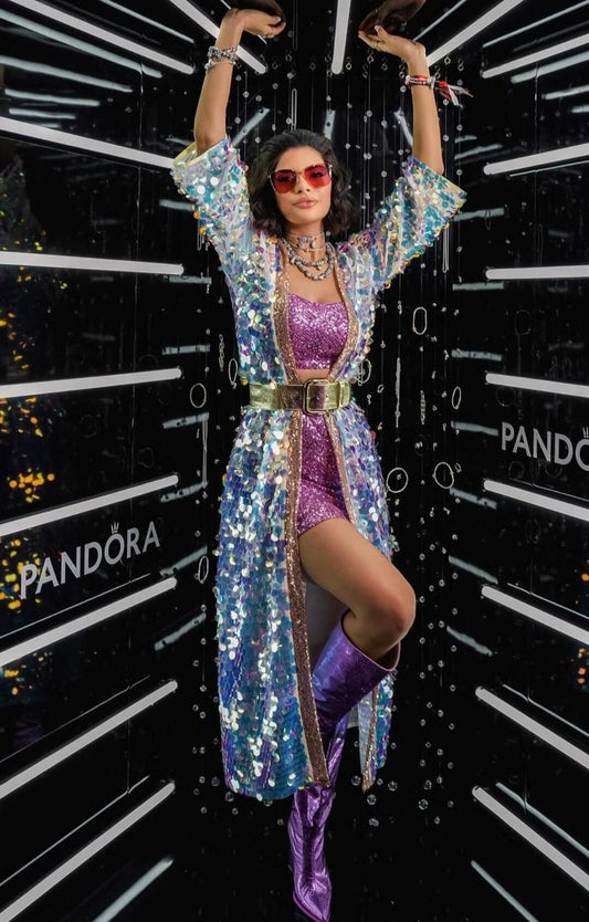 Sheynnis Iridescent Sequin Kimono by Festivo Kimonos. iridescent mermaid-effect sequins, gold trim and a striking shimmer.